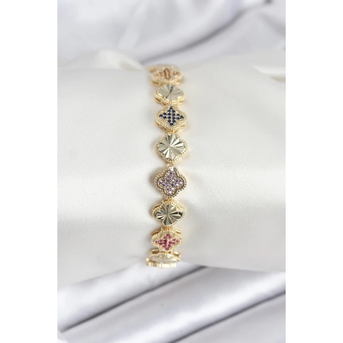 Pirinç VIP Seri Yonca Zirkon Taşlı Kadın Bileklik