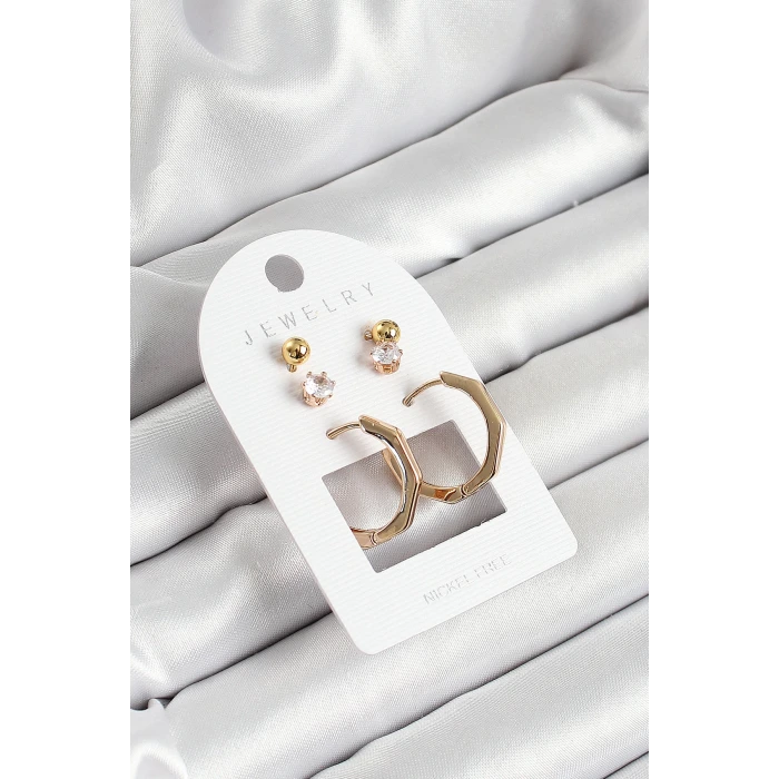 Pirinç Zirkon Taş Ve Kemik Halka Figürlü Gold Renk 3lü Çift Kadın Küpe Set