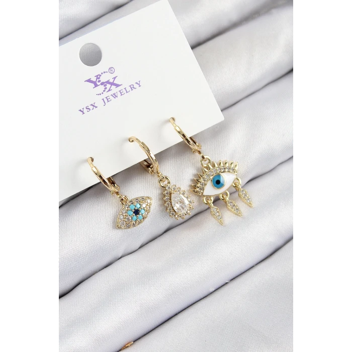 Pirinç Zirkon Taşlı 3lü Fatmanın Gözü Model Gold Renk Kadın Küpe