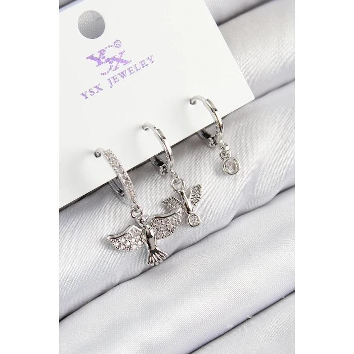 Pirinç Zirkon Taşlı 3lü Kuş Model Gümüş Renk Kadın Küpe