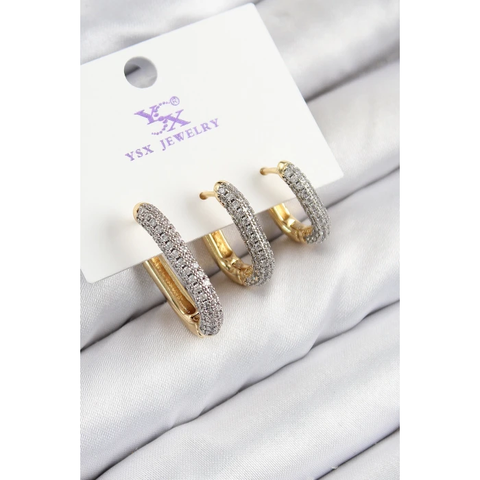 Pirinç Zirkon Taşlı 3lü Oval Dikdörtgen Model Gold Ve Gümüş Renk Kadın Küpe