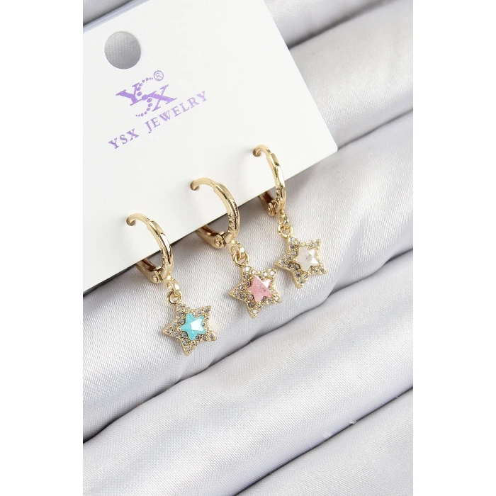 Pirinç Zirkon Taşlı 3lü Renkli Yıldız Model Gold Renk Kadın Küpe