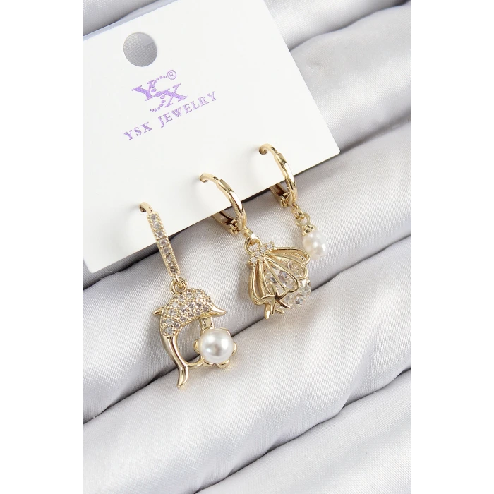 Pirinç Zirkon Taşlı 3lü Yunus Balığı Ve İstiridye Model Gold Renk Kadın Küpe