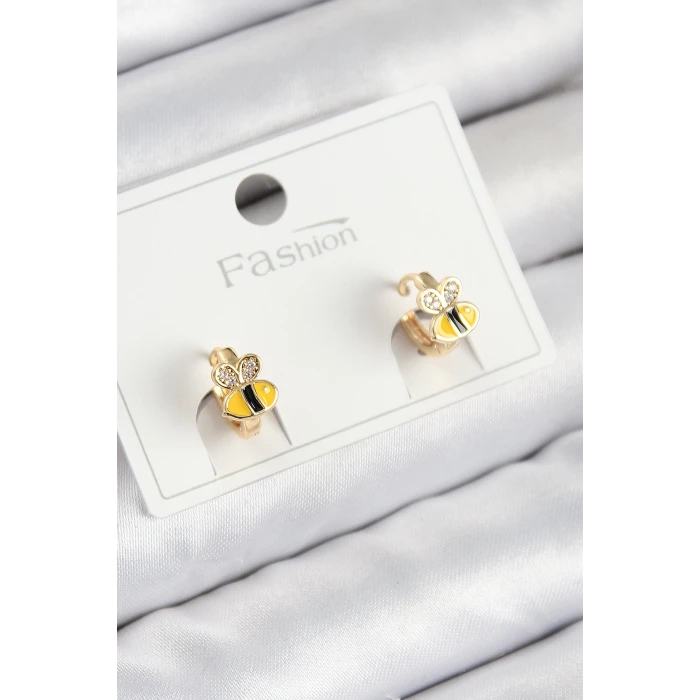 Pirinç Zirkon Taşlı Arı Model Gold Renk Çocuk Küpe