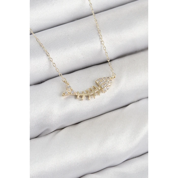 Pirinç Zirkon Taşlı Balık Kılçığı Model Gold Renk Kadın Kolye