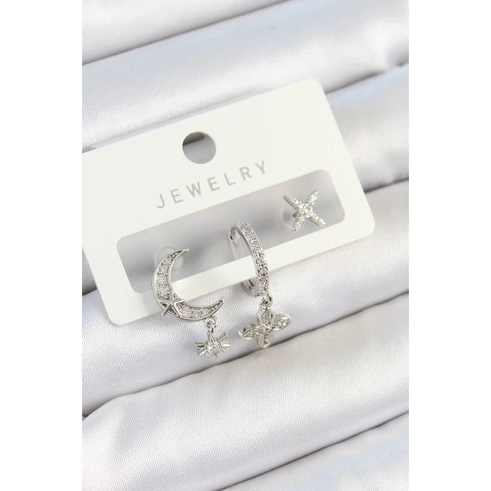 Pirinç Zirkon Taşlı Çiçek Ve Ay Model Gümüş Renk 3lü Çift Kadın Küpe Set