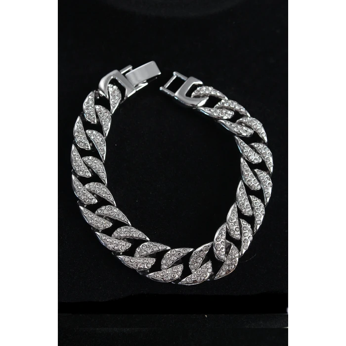 Pirinç Zirkon Taşlı Cuba Gurmet Model Gümüş Renk Erkek Bileklik