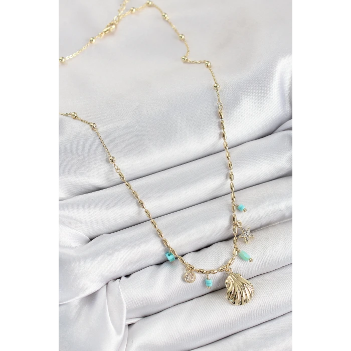 Pirinç Zirkon Taşlı Deniz Kabuğu Model Gold Renk Kadın Kolye