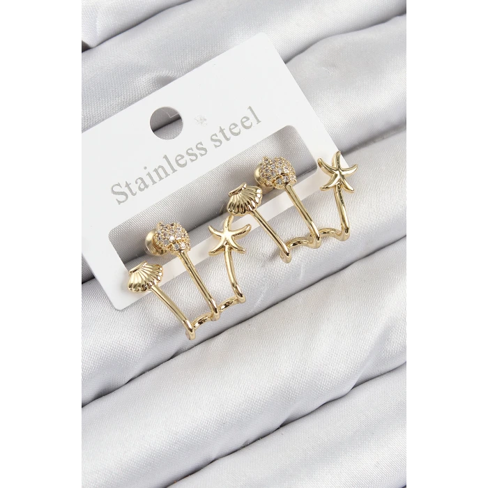 Pirinç Zirkon Taşlı Deniz Yıldızı ve İstiridye Model Gold Renk Kadın Küpe