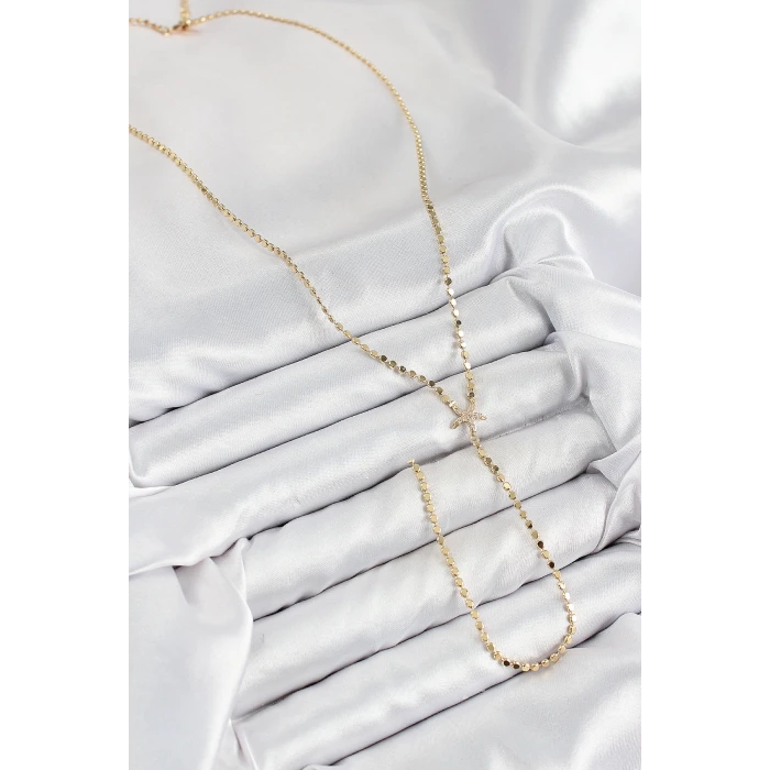 Pirinç Zirkon Taşlı Ezme Zincirli Deniz Yıldızı Model Gold Renk Y Kolye