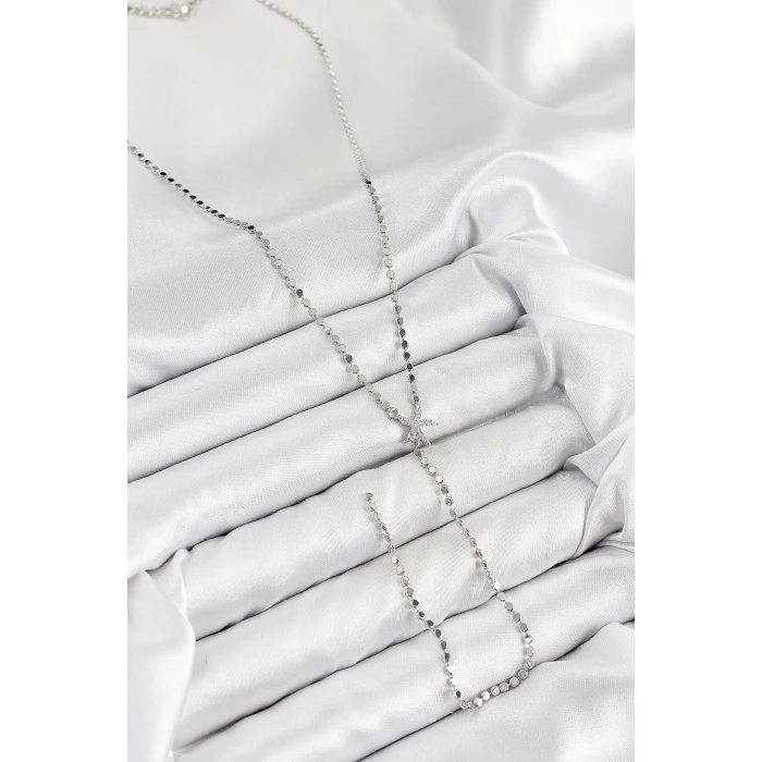 Pirinç Zirkon Taşlı Ezme Zincirli Deniz Yıldızı Model Gümüş Renk Y Kolye