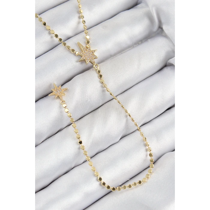 Pirinç Zirkon Taşlı Ezme Zincirli Kutup Yıldızı Model Gold Renk Y Kolye