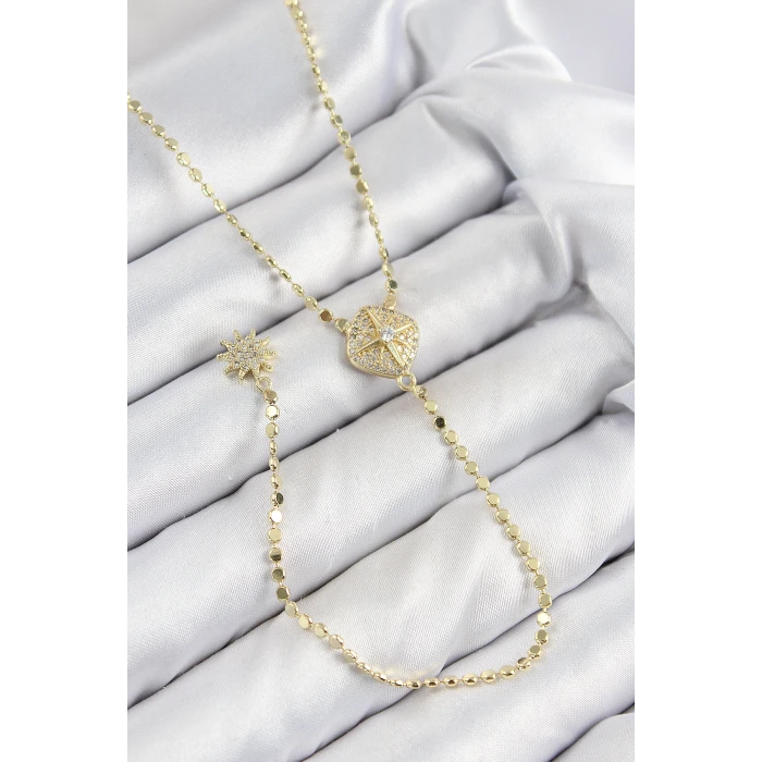 Pirinç Zirkon Taşlı Ezme Zincirli Madalyon Model Gold Renk Y Kolye