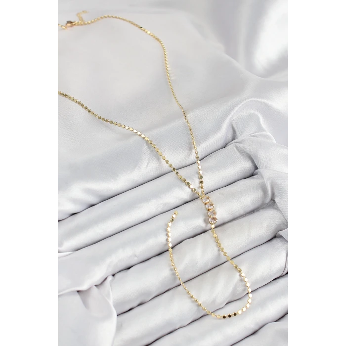 Pirinç Zirkon Taşlı Ezme Zincirli Model Gold Renk Y Kolye
