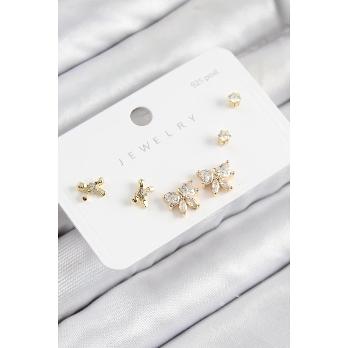 Pirinç Zirkon Taşlı Fiyonk Model Gold Renk 925 Ayar Gümüş Çivi Kadın Küpe Set