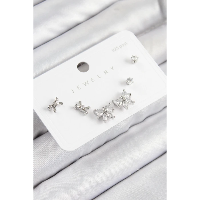 Pirinç Zirkon Taşlı Fiyonk Model Gümüş Renk 925 Ayar Gümüş Çivi Kadın Küpe Set