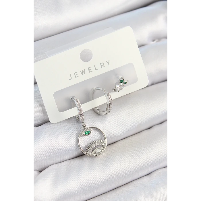 Pirinç Zirkon Taşlı Göz Ve Baykuş Model Gümüş Renk 3lü Çift Kadın Küpe Set