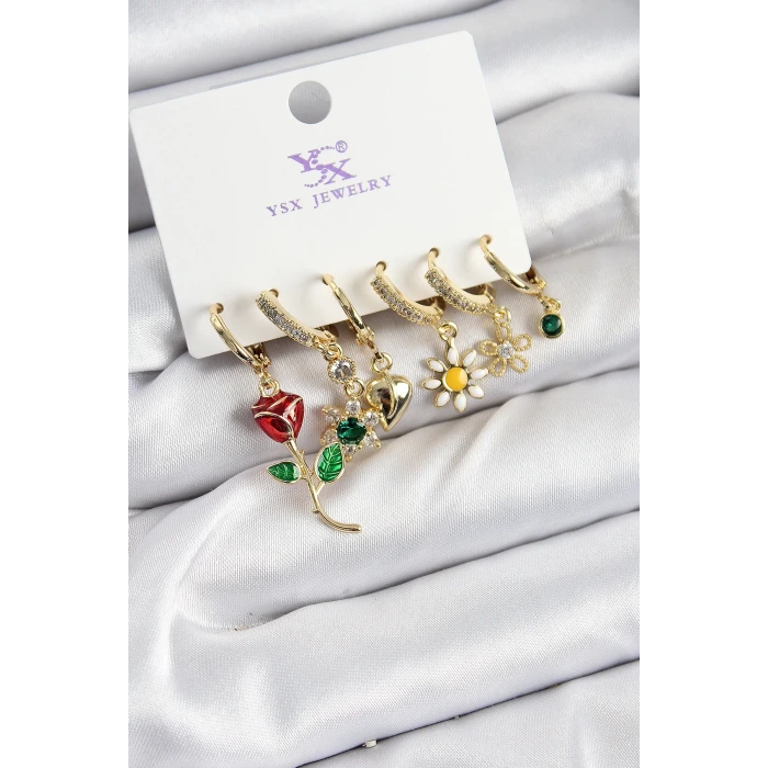 Pirinç Zİrkon Taşlı Gül Ve Papatya Model Gold Renk 3lü Çift Kadın Küpe