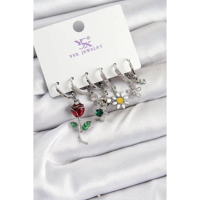 Pirinç Zİrkon Taşlı Gül Ve Papatya Model Gümüş Renk 3lü Çift Kadın Küpe