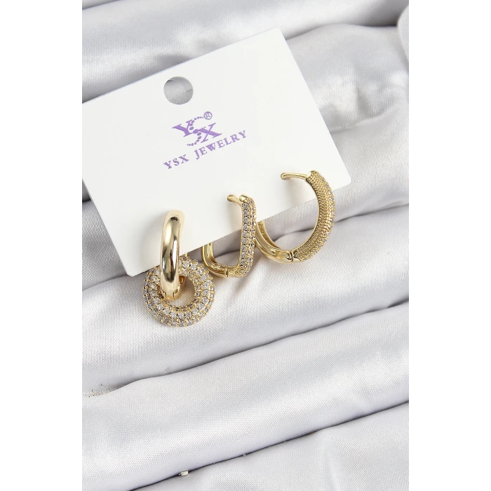 Pirinç Zİrkon Taşlı Halka Model Gold Renk 3lü Kadın Küpe