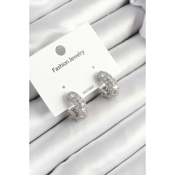 Pirinç Zirkon Taşlı Halka Model Gümüş Renk Kadın Küpe