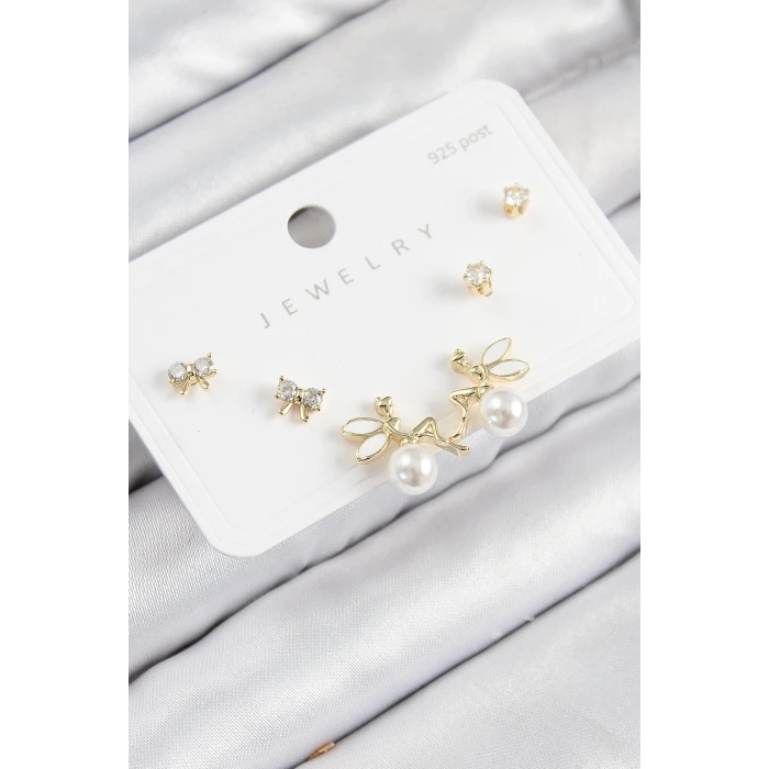 Pirinç Zirkon Taşlı İnci Melek Model Gold Renk 925 Ayar Gümüş Çivi Kadın Küpe Set