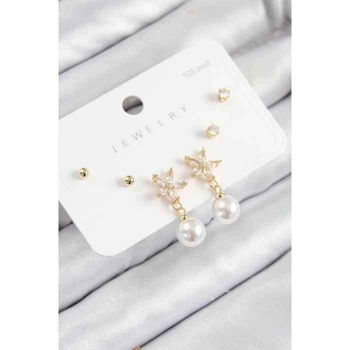 Pirinç Zirkon Taşlı İnci Sallantılı Çiçek Model Gümüş Renk 925 Ayar Gümüş Çivi Kadın Küpe Set