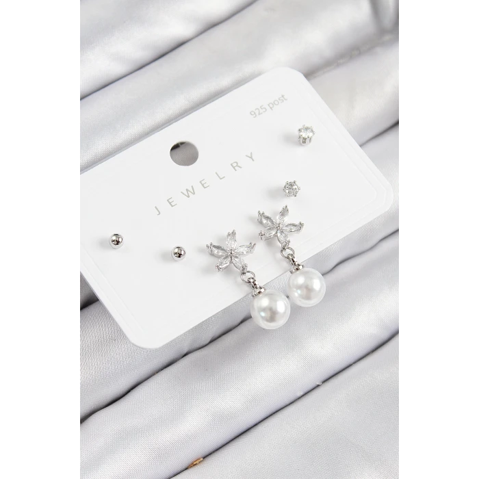 Pirinç Zirkon Taşlı İnci Sallantılı Çiçek Model Gümüş Renk 925 Ayar Gümüş Çivi Kadın Küpe Set
