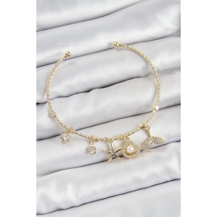 Pirinç Zirkon Taşlı İstiridye Ve Deniz Yıldızı Model Gold Renk Charm Bileklik