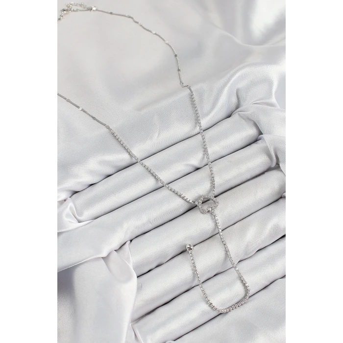 Pirinç Zirkon Taşlı Kalp Model Gümüş Renk  Y Kolye