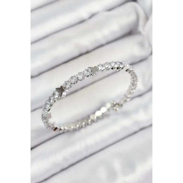 Pirinç Zirkon Taşlı Kalp Model Gümüş Renk Yaylı Kadın Bileklik