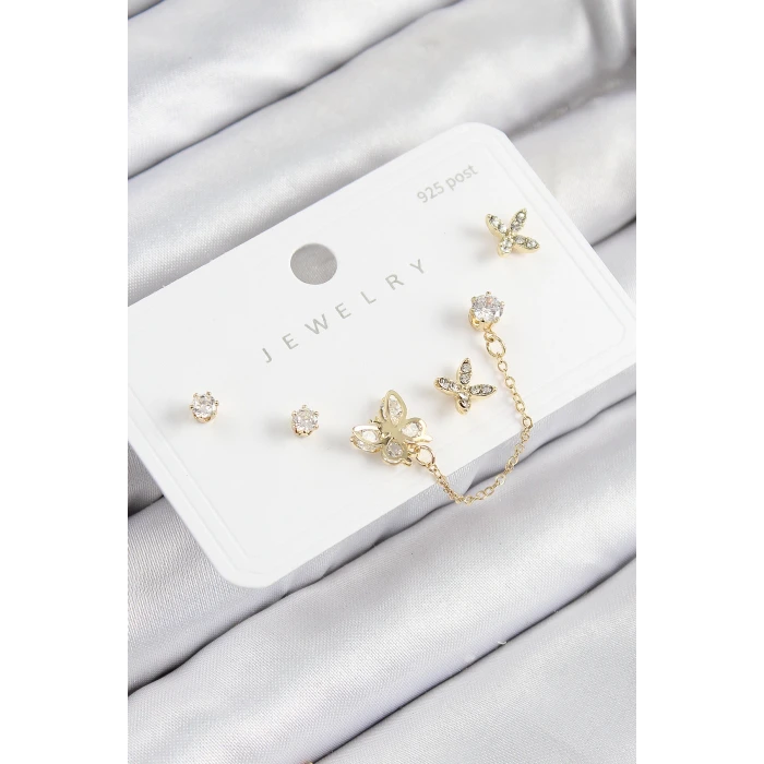 Pirinç Zirkon Taşlı Kelebek Model Gold Renk 925 Ayar Gümüş Çivi Kadın Küpe Set