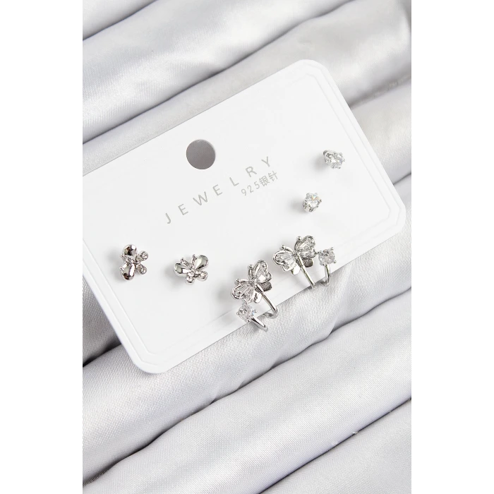 Pirinç Zirkon Taşlı Kelebek Model Gümüş Renk 925 Ayar Gümüş Çivi Kadın Küpe Set