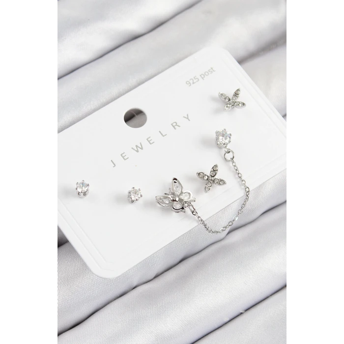 Pirinç Zirkon Taşlı Kelebek Model Gümüş Renk 925 Ayar Gümüş Çivi Kadın Küpe Set