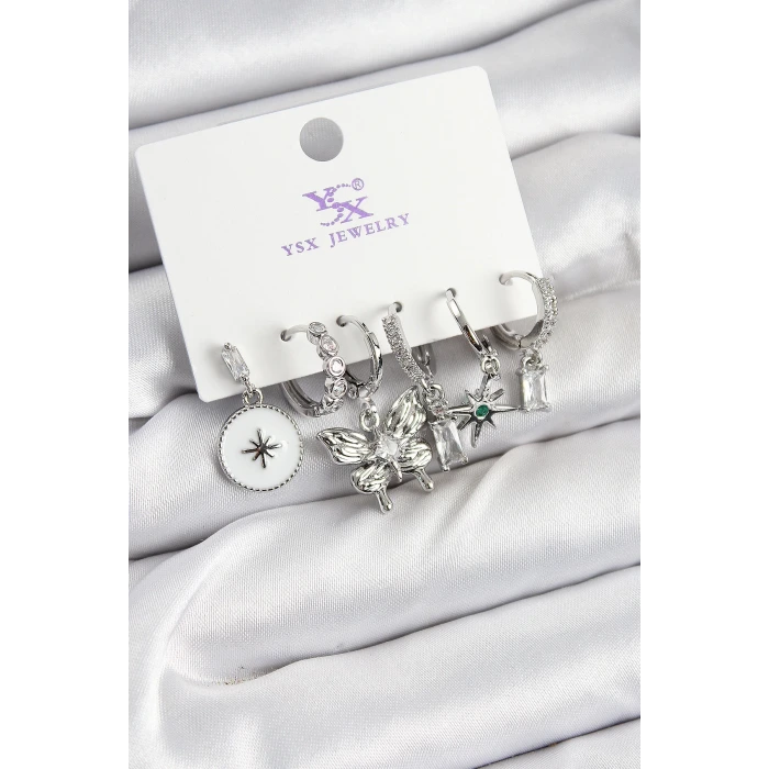 Pirinç Zİrkon Taşlı Kelebek ve Yıldız Model Gümüş Renk 3lü Çift Kadın Küpe