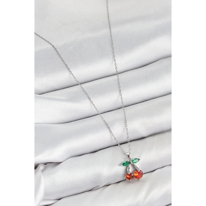 Pirinç Zirkon Taşlı Kiraz Model Gümüş Renk Kadın Kolye