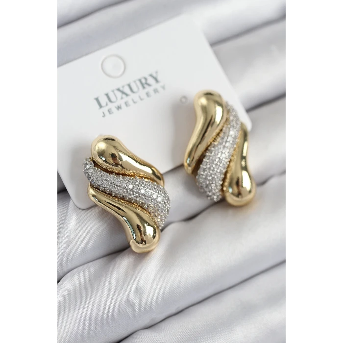 Pirinç Zirkon Taşlı Kıvrım Model Gold Renk Kadın Küpe