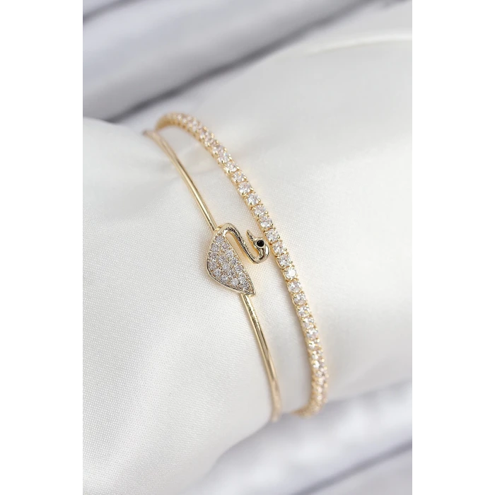 Pirinç Zirkon Taşlı Kuğu Model Gold Renk Kadın Bileklik