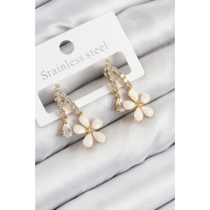 Pirinç Zirkon Taşlı Papatya Model Gold Renk Kadın Küpe