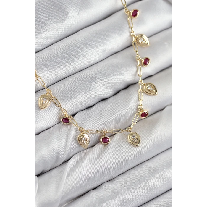 Pirinç Zirkon Taşlı Sallantılı Damla Model Gold Renk Kadın Kolye