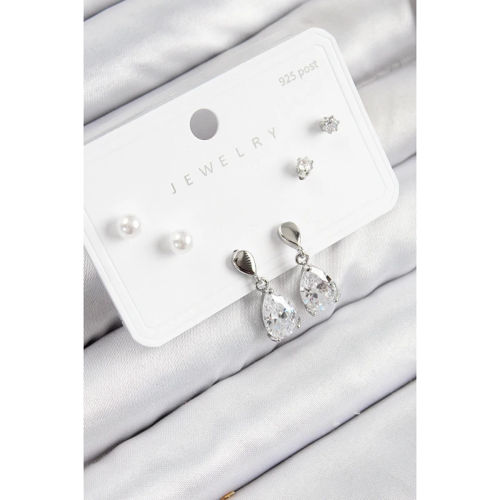 Pirinç Zirkon Taşlı Sallantılı Damla Model Gümüş Renk 925 Ayar Gümüş Çivi Kadın Küpe Set