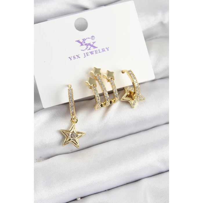 Pirinç Zİrkon Taşlı Sallantılı Yıldız Model Gold Renk 3lü Kadın Küpe