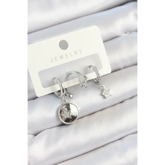 Pirinç Zirkon Taşlı Sallantılı Yıldız Model Gümüş Renk 3lü Çift Kadın Küpe Set