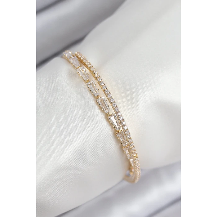 Pirinç Zirkon Taşlı Su Yolu Model Gold Renk Kadın Bileklik