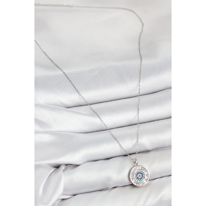 Pirinç Zirkon Taşlı Su Yolu Nazar Model Gümüş Renk Kadın Kolye