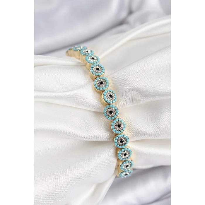 Pirinç Zirkon Taşlı Turkuaz Nazar Model Gold Renk Lastikli Kadın Bileklik