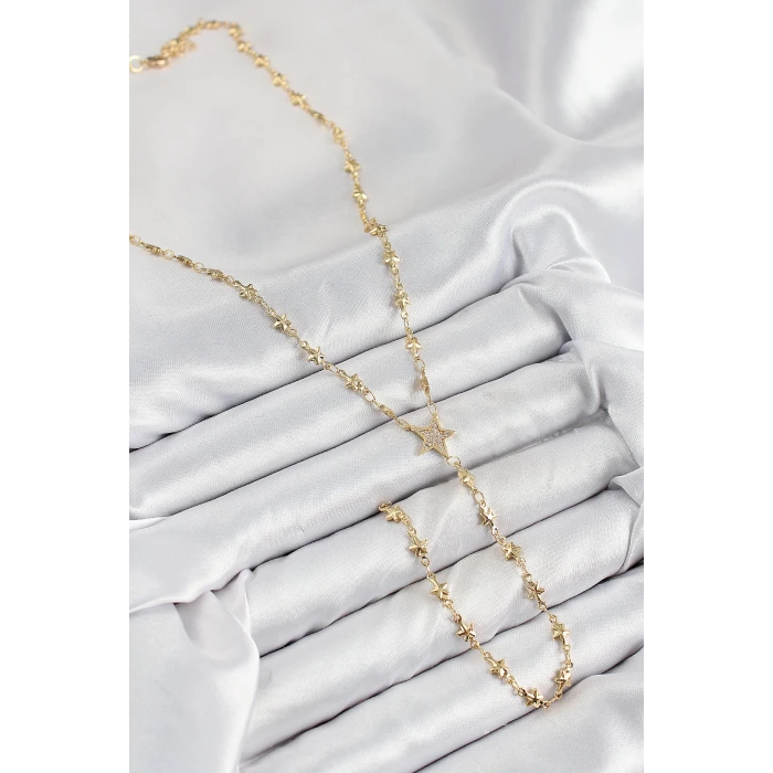 Pirinç Zirkon Taşlı Yıldız Model Gold Renk Y Kolye