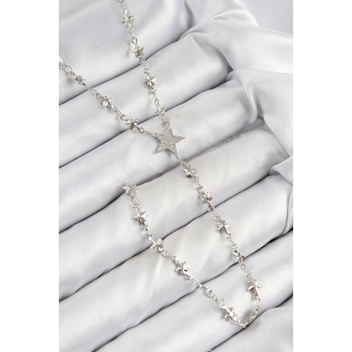 Pirinç Zirkon Taşlı Yıldız Model Gümüş Renk Y Kolye