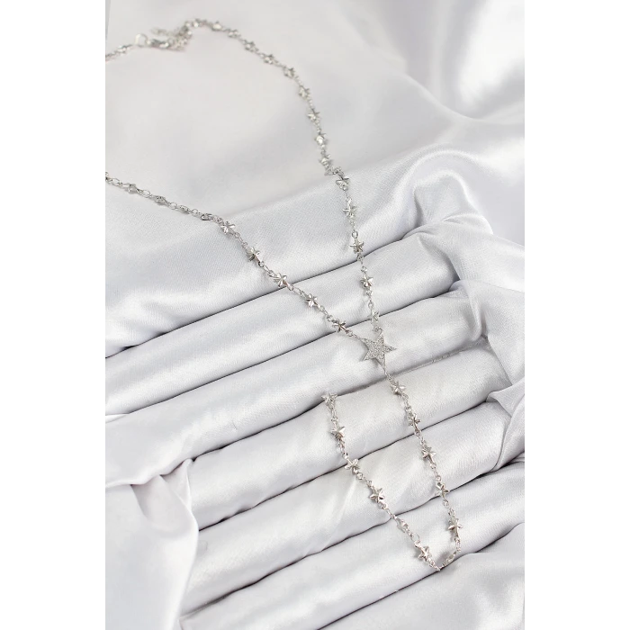 Pirinç Zirkon Taşlı Yıldız Model Gümüş Renk Y Kolye