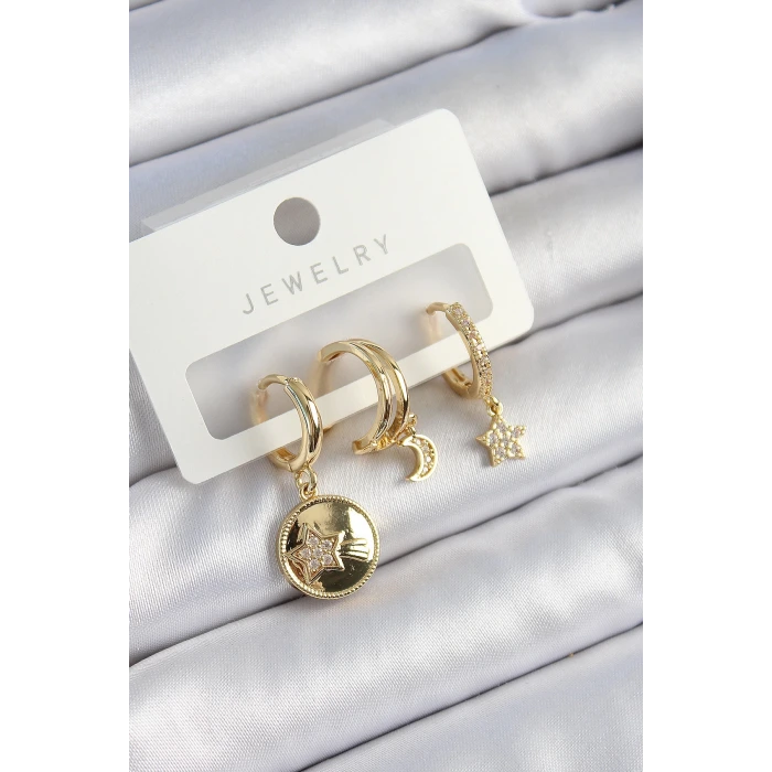 Pirinç Zirkon Taşlı Yıldız Ve Ay Model Gold Renk 3lü Çift Kadın Küpe Set